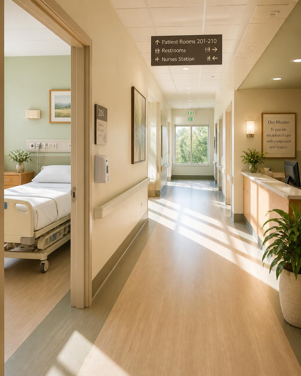 Sunlit hospital corridor with a nurses station and patient room at Nova Hospital